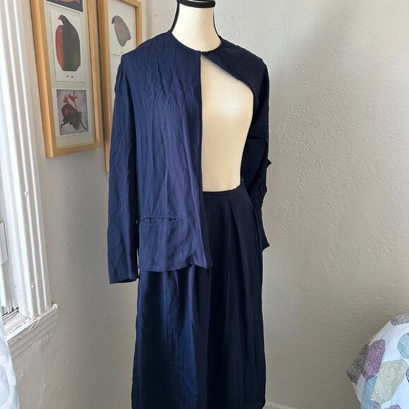 Soo Yung Lee 100% Silk Matching Matching Jacket and Skirt Set Navy Blue Size 14 - Picture 2 of 15
